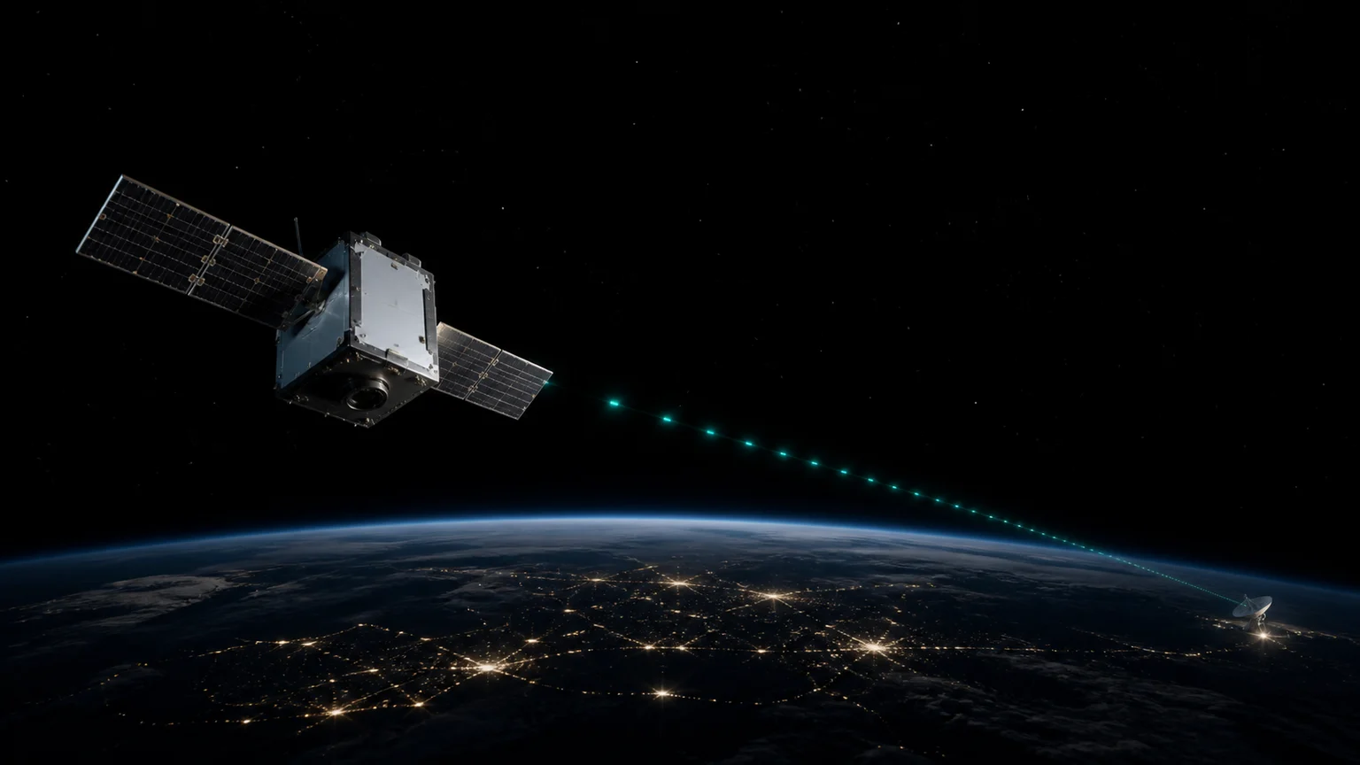 A satellite transmitting a measured sequence of telemetry signals to a ground station below