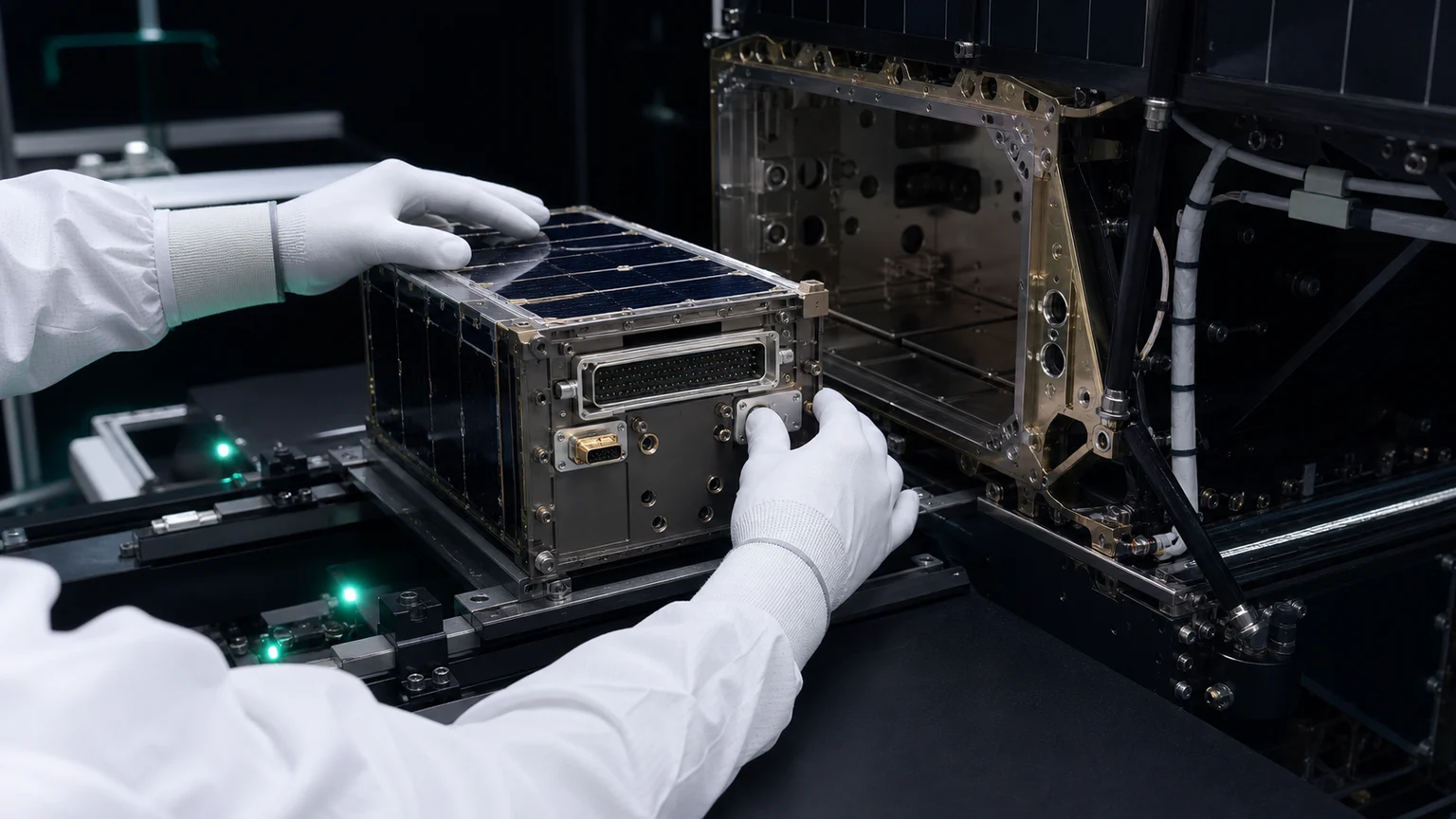 Cleanroom-gloved engineers aligning a modular payload with a satellite interface bay