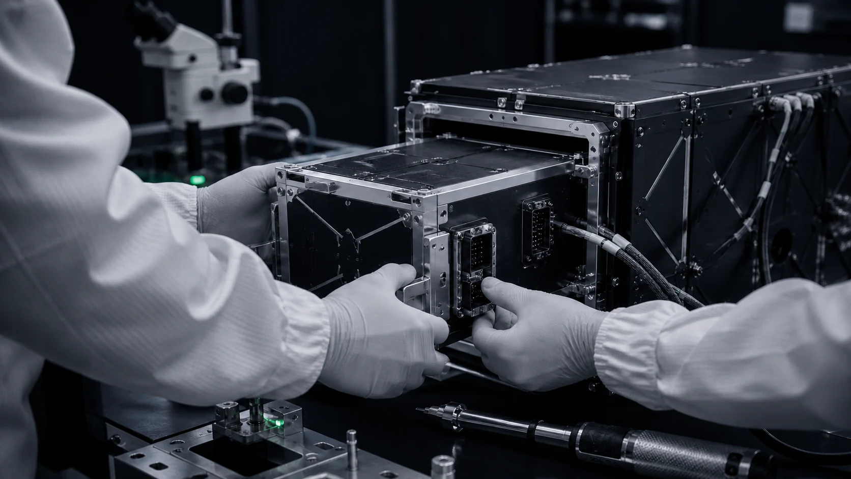 Engineers in cleanroom gloves integrating a modular payload into a spacecraft interface bay