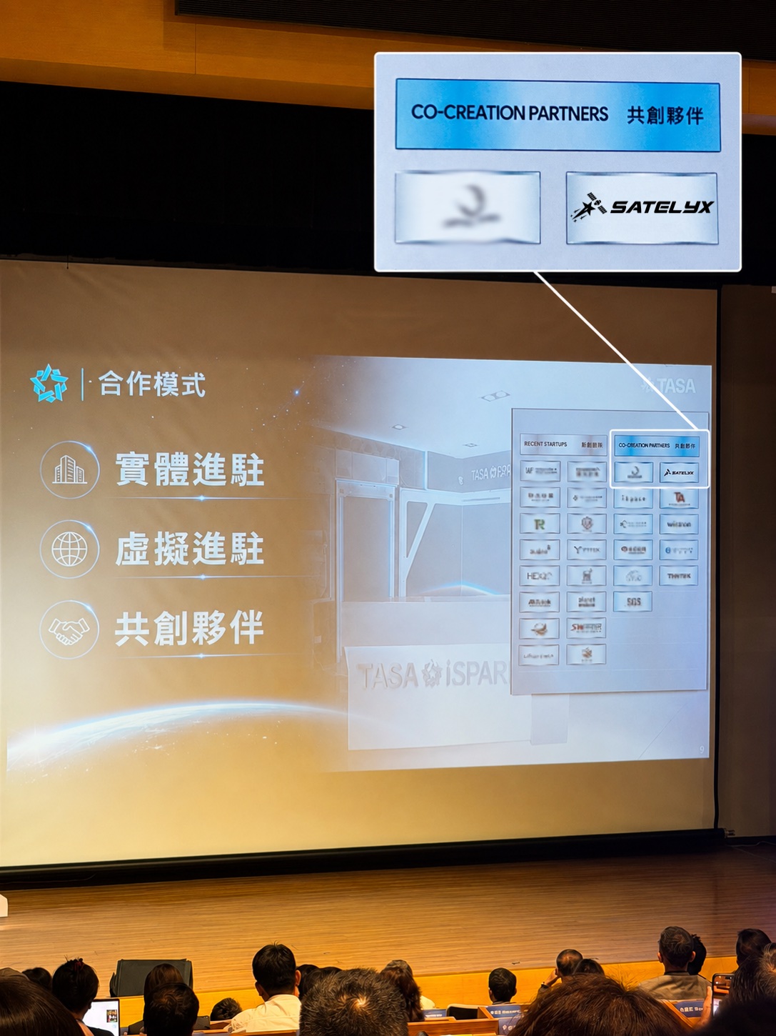 TASA iSPARK&rsquo;s engagement model slide at the opening ceremony, showing the three tiers 實體進駐, 虛擬進駐 and 共創夥伴, with the resident startup cohort and SATELYX listed under CO-CREATION PARTNERS 共創夥伴