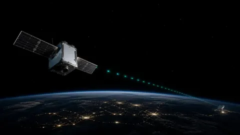 A satellite transmitting a measured sequence of telemetry signals to a ground station below