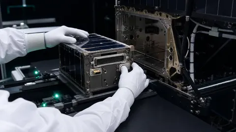 Cleanroom-gloved engineers aligning a modular payload with a satellite interface bay